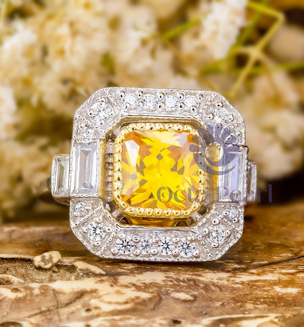 Octagon Shape Halo Princess Cut Ring with yellow CZ stone