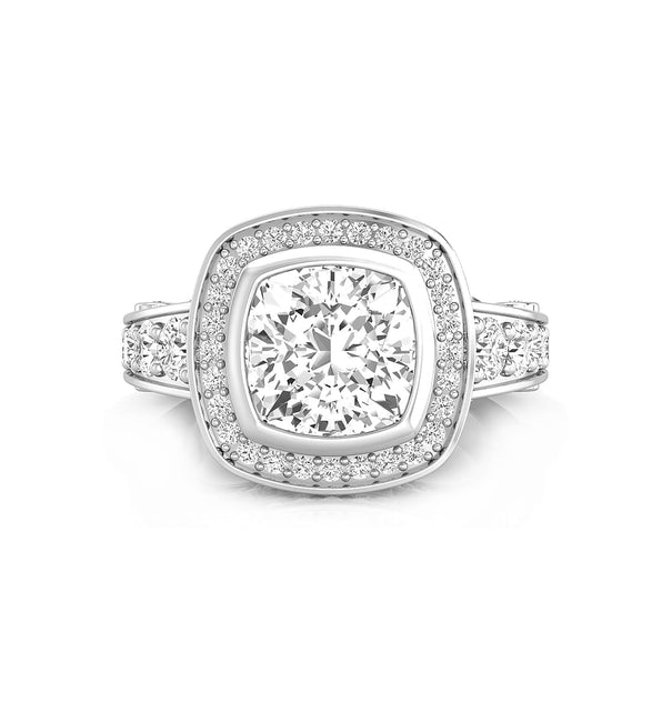 Cushion Cut Moissanite Bezel Set Halo Cathedral Engagement Ring For Ladies