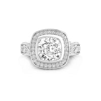 8 MM Cushion Cut Moissanite Bezel Set Halo Cathedral Engagement Ring For Ladies
