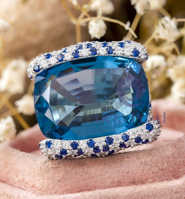 Blue Cocktail Party Ring in CZ Cushion Cut