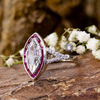 Marquise Cut CZ Stone Pink Halo Milgrain Bezel Set Split Shank Vintage Wedding Ring