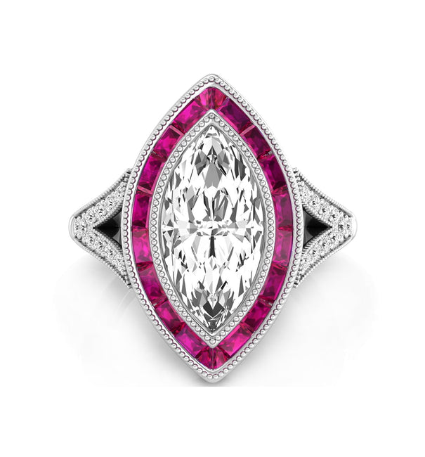 Marquise Cut CZ Stone Pink Halo Milgrain Bezel Set