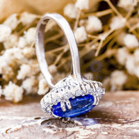 Royal Blue Sapphire Oval Cut With Round White CZ Stone Floral Motif Halo Engagement Ring