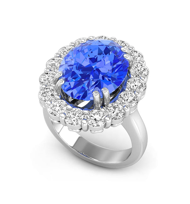 Royal Blue Sapphire Oval Cut With Round White CZ Stone Floral Motif Halo Engagement Ring