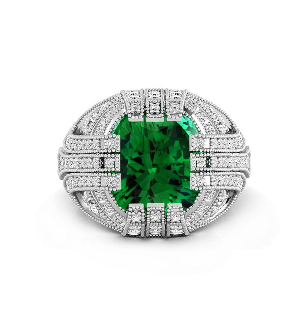 Green Cushion Cut CZ Stone Milgrain Antique Victorian Art Deco Ring For Engagement