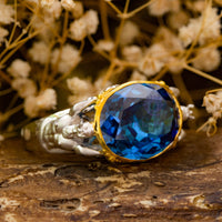 Blue Sapphire Oval Cut CZ Stone King of The Ocean Embroidered Aqua-Man Poseidon Mascot Cocktail Ring