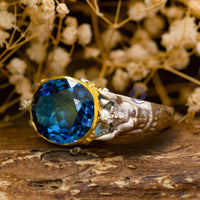 Blue Sapphire Oval Cut CZ Stone King of The Ocean Embroidered Aqua-Man Poseidon Mascot Cocktail Ring