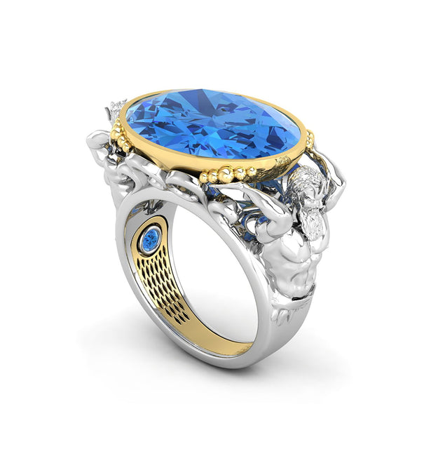 Blue Sapphire Oval Cut CZ Stone King of The Ocean Embroidered Aqua-Man Poseidon Mascot Cocktail Ring