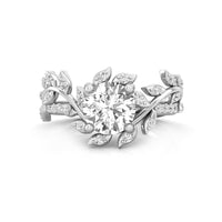 Round Cut Moissanite Nature Inspired Leaf Vine Motif Engagement Classic Ring