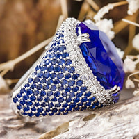 Large Sapphire Blue Oval With Round Cut CZ Stone Party Wear Cocktail Ring For