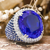 Large Sapphire Blue Oval With Round Cut CZ Stone Party Wear Cocktail Ring For