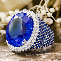 Large Sapphire Blue Oval With Round Cut CZ Stone Party Wear Cocktail Ring For