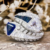 Blue Sapphire & White Fancy Cut With Baguette Cut CZ Stone Bypass Shank- Channel Setting Art Deco Ring