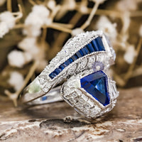 Blue Sapphire & White Fancy Cut With Baguette Cut CZ Stone Bypass Shank- Channel Setting Art Deco Ring