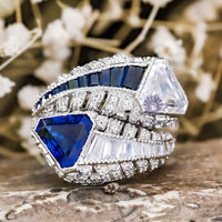 Blue Sapphire & White Fancy Cut With Baguette Cut CZ Stone Bypass Shank- Channel Setting Art Deco Ring