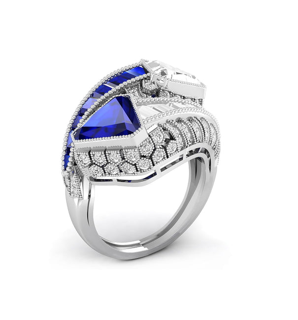 Blue Sapphire & White Fancy Cut With Baguette Cut CZ Stone Bypass Shank- Channel Setting Art Deco Ring