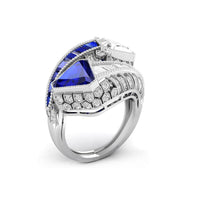 Blue Sapphire & White Fancy Cut With Baguette Cut CZ Stone Bypass Shank- Channel Setting Art Deco Ring