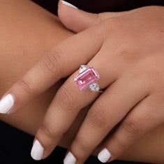 Pink Emerald With White Heart Cut CZ Three Stone Party Wear Cocktail Ring For Women - alternate view