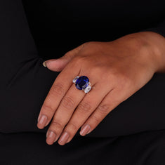 Blue Oval Cushion Three Stone CZ Ring – Silver Statement Cocktail - alternate view