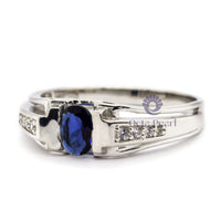 Blue Sapphire Oval With CZ Round Stone Men's Ring Father's Day Gift