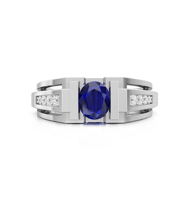 Tension Set Blue Sapphire Oval With CZ Round Stone Men's Ring Father's Day Gift