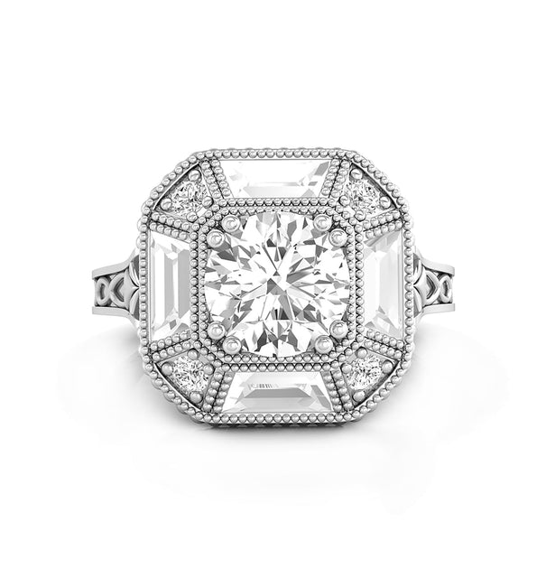 Round & Baguette Cut CZ Stone Halo Set Vintage Art Deco Wedding Engagement Gift Ring