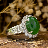 Oval Shape Green Cabochon With Round CZ Halo Cocktail Party Wear Ring