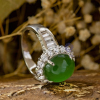 Oval Shape Green Cabochon With Round CZ Halo Cocktail Party Wear Ring