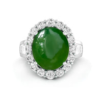 11X9 MM Oval Shape Green Cabochon With Round CZ Halo & Channel Setting Cocktail Party Wear Ring