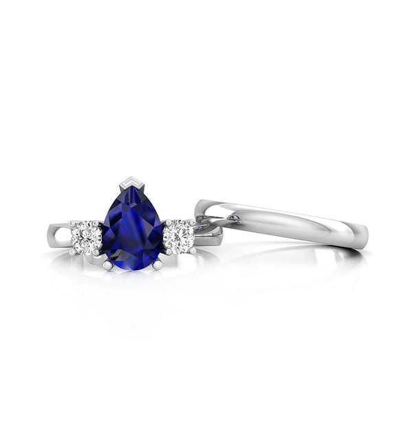 Blue Sapphire Pear & Round Cut CZ Three Stone 2 Piece Wedding Anniversary Ring Set