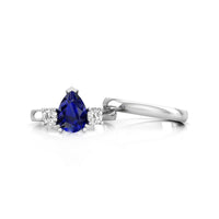 10x8 MM Blue Sapphire Pear & Round Cut CZ Three Stone 2 Piece Wedding Anniversary Ring Set