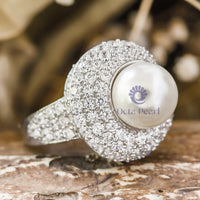 Fresh Water Pearl With CZ Round Stone Pave Set Fancy Wedding Or Party Wear Ring