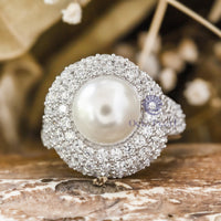 Fresh Water Pearl With CZ Round Stone Pave Set Fancy Wedding Or Party Wear Ring