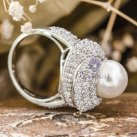 Fresh Water Pearl With CZ Round Stone Pave Set Fancy Wedding Or Party Wear Ring