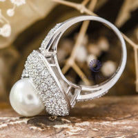 Fresh Water Pearl With CZ Round Stone Pave Set Fancy Wedding Or Party Wear Ring