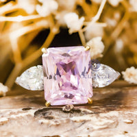 Gorgeous CZ Pink Radiant With Side Pear Three Stone Pre-Wedding Bridal Ring