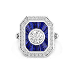 White Round With Blue Sapphire Baguette CZ Stone Bezel Set Halo Art Deco Dinner Ring For Engagement