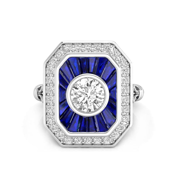 White Round With Blue Sapphire Baguette CZ Stone Bezel Set Halo Art Deco Dinner Ring For Engagement