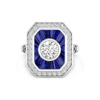 White Round With Blue Sapphire Baguette CZ Stone Bezel Set Halo Art Deco Dinner Ring For Engagement