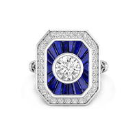 White Round With Blue Sapphire Baguette CZ Stone Bezel Set Halo Art Deco Dinner Ring For Engagement