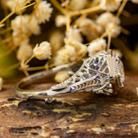 Round Moissanite Antique Milgrain & Filigree Hexagon Art Deco Solitaire Engagement Ring