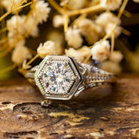 Round Moissanite Antique Milgrain & Filigree Hexagon Art Deco Solitaire Engagement Ring (1 1/10 TCW)