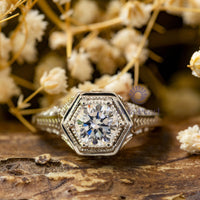 Round Moissanite Antique Milgrain & Filigree Hexagon Art Deco Solitaire Engagement Ring