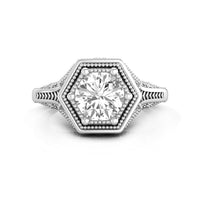 Round Moissanite Antique Milgrain & Filigree Hexagon Art Deco Solitaire Engagement Ring