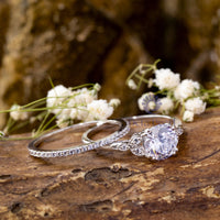 Milgrain Leaf Motif Wedding Engagement Ring Set For Bride