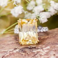 Embellished Yellow Radiant & Round CZ Stone Accents With Hidden Halo Wedding Ring