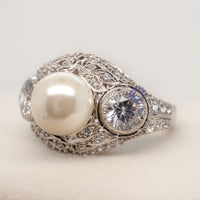 9 MM White Pearl With CZ Round Stone Art Deco Edwardian Wedding Ring For Women