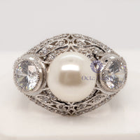 9 MM White Pearl With CZ Round Stone Art Deco Edwardian Wedding Ring For Women