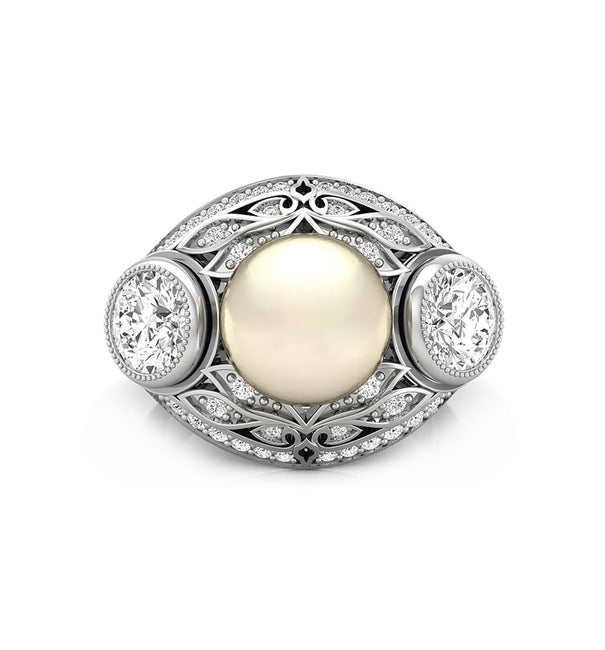 White Pearl With CZ Round Stone Art Deco