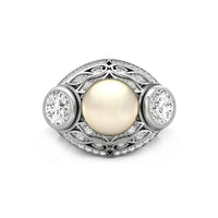 9 MM White Pearl With CZ Round Stone Art Deco Edwardian Wedding Ring For Women